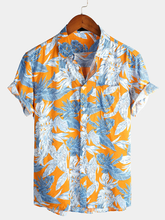Men's Tropical Leaves Print Pocket Short Sleeve Shirt