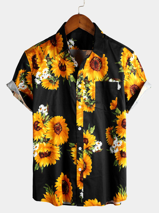 Men's Vintage Sunflower Pocket Short Sleeve Shirt