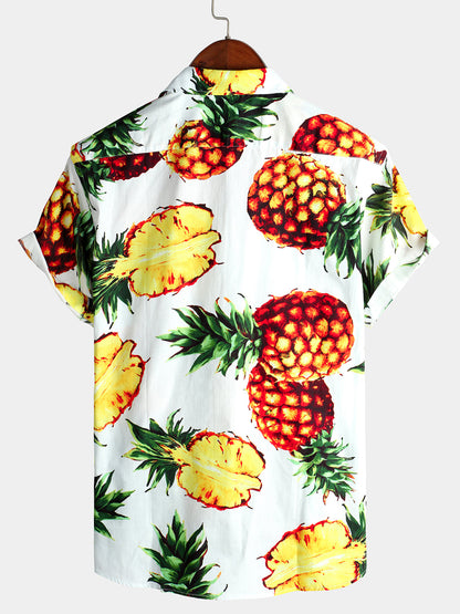 Men's Pink Pineapple Print Holiday Pocket Cotton Shirt