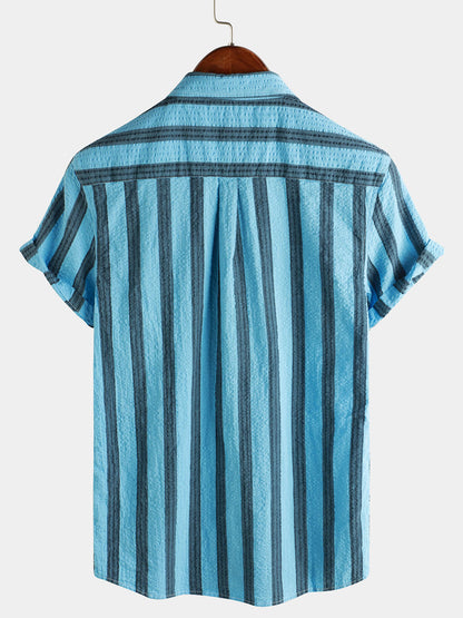 Men's Striped Cotton Casual Pocket Hawaiian Holiday Button Up Short Sleeve Shirt