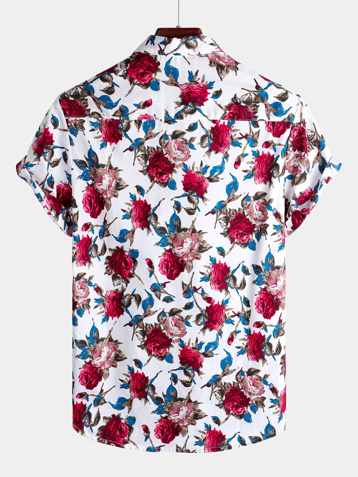 Men's Rose Print Holiday Cotton Short Sleeve Shirt