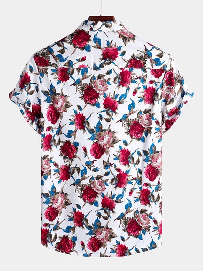 Men's Rose Print Holiday Cotton Short Sleeve Shirt