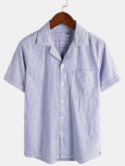 Men's Striped Cotton Blue Summer Button Up Cuban Collar Camp Short Sleeve Beach Shirt