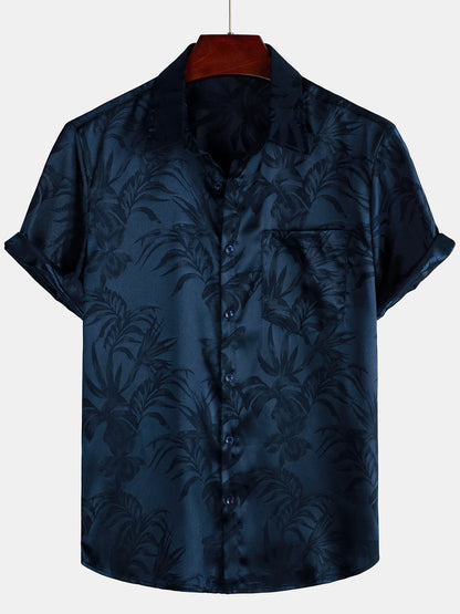Men's Jacquard Flowers Button Up Pocket Floral Summer Cool Short Sleeve Tops Beach Vacation Shirt
