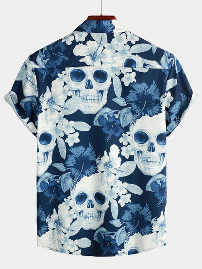 Men's Gold Skull Rose Print Short Sleeve Shirt