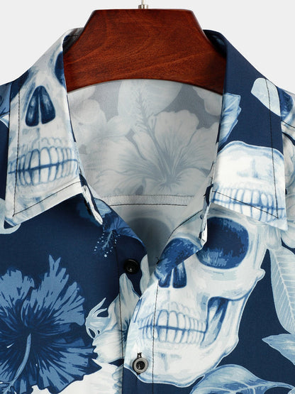 Men's Funny Skull Print Hawaiian Short Sleeve Shirt