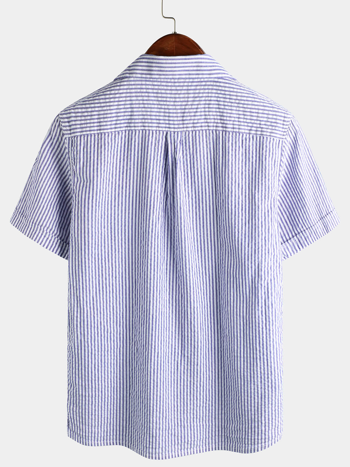 Men's Striped Cotton Blue Summer Button Up Cuban Collar Camp Short Sleeve Beach Shirt