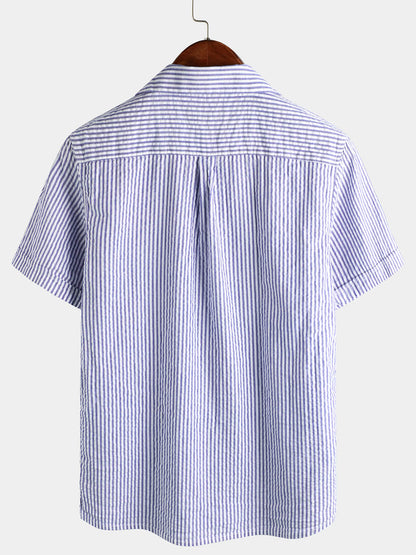 Men's Striped Cotton Blue Summer Button Up Cuban Collar Camp Short Sleeve Beach Shirt