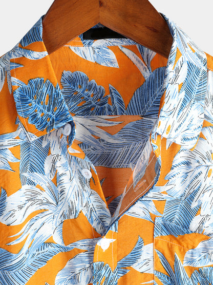 Men's Tropical Leaves Print Pocket Short Sleeve Shirt