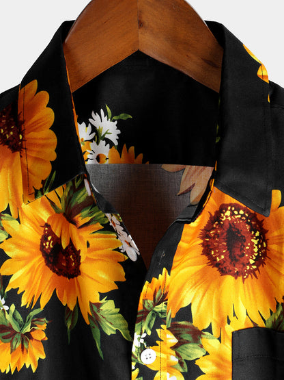Men's Vintage Sunflower Pocket Short Sleeve Shirt