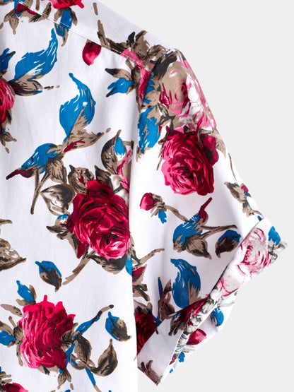 Men's Rose Print Holiday Cotton Short Sleeve Shirt