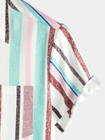 Men's Colorful Button Up Vertical Rainbow Striped Short Sleeve Pocket Shirt