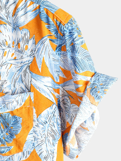 Men's Tropical Leaves Print Pocket Short Sleeve Shirt