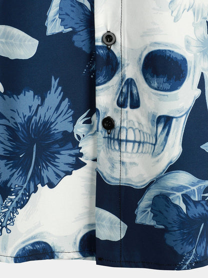 Men's Funny Skull Print Hawaiian Short Sleeve Shirt