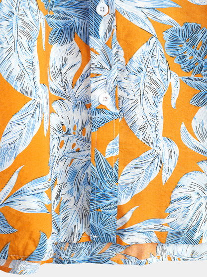 Men's Tropical Leaves Print Pocket Short Sleeve Shirt