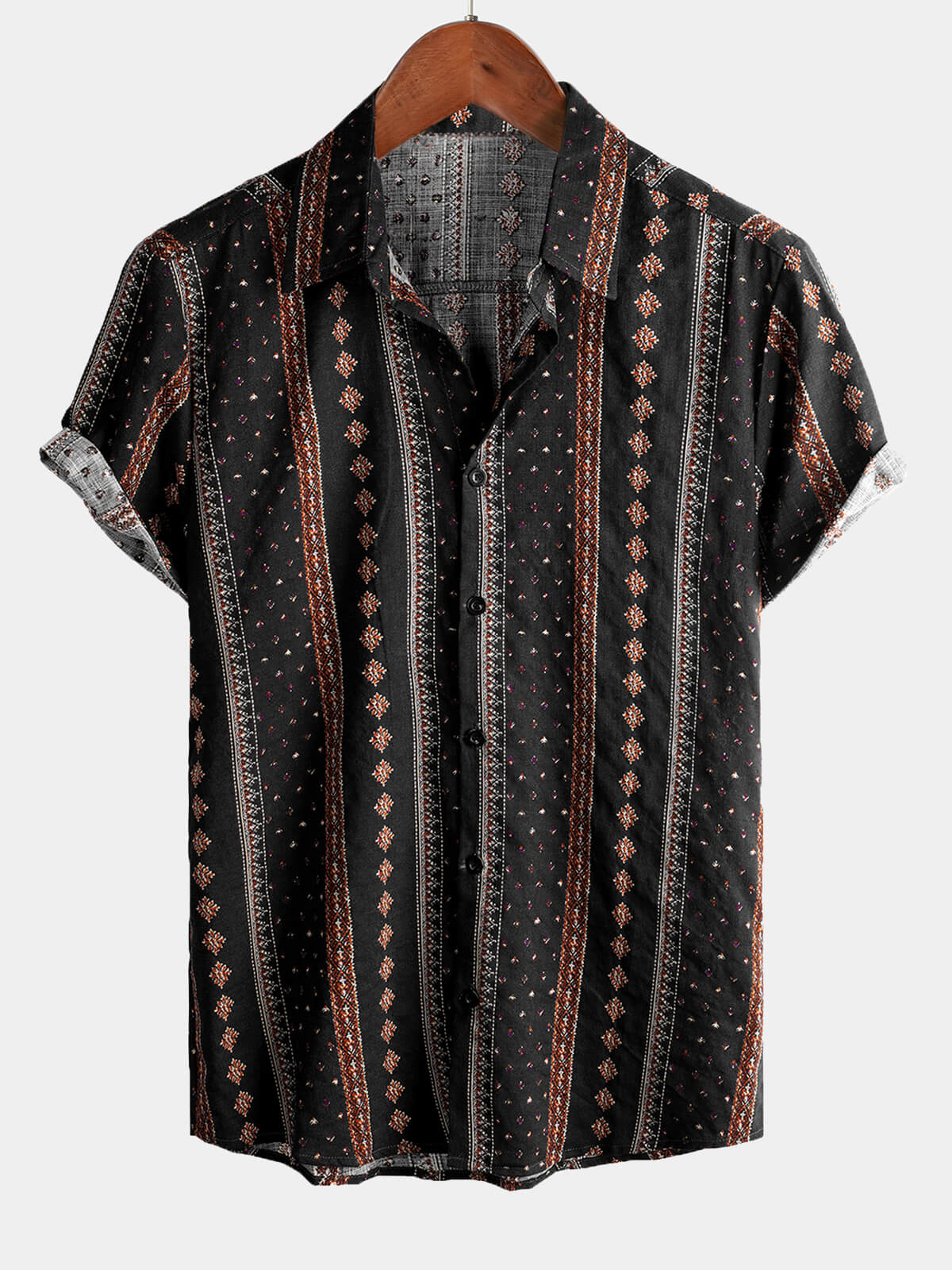 Men's Retro Black Striped Print Button Up 70s Vintage Short Sleeve Western Shirt