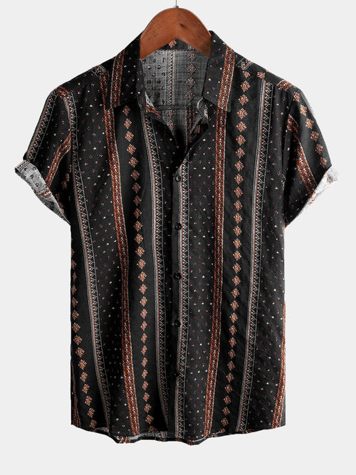 Men's Retro Black Striped Print Button Up 70s Vintage Short Sleeve Western Shirt