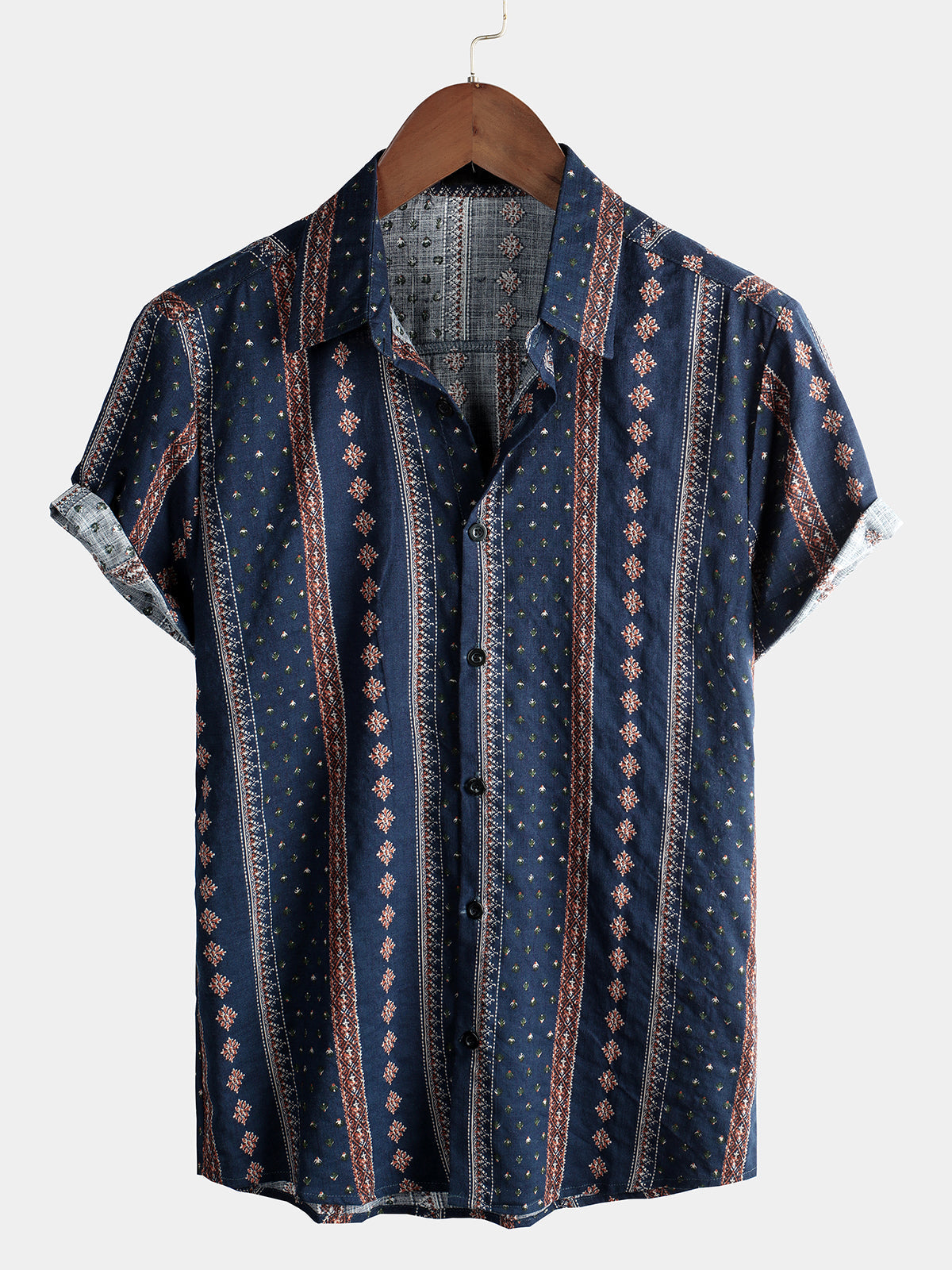 Men's Retro 70s Button Up Vintage Navy Blue Striped Beach Summer Short Sleeve Cotton Shirt