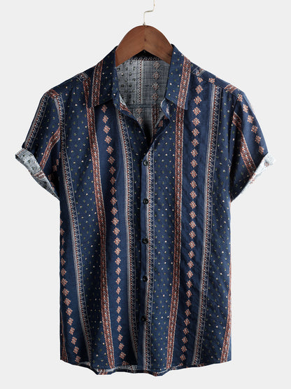 Men's Retro 70s Button Up Vintage Navy Blue Striped Beach Summer Short Sleeve Cotton Shirt
