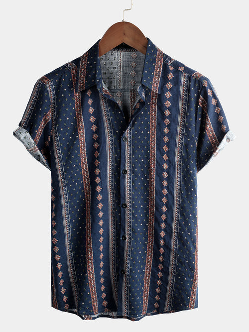 Men's Retro 70s Button Up Vintage Navy Blue Striped Beach Summer Short Sleeve Cotton Shirt