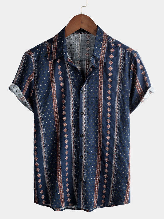 Men's Retro 70s Button Up Vintage Navy Blue Striped Beach Summer Short Sleeve Cotton Shirt