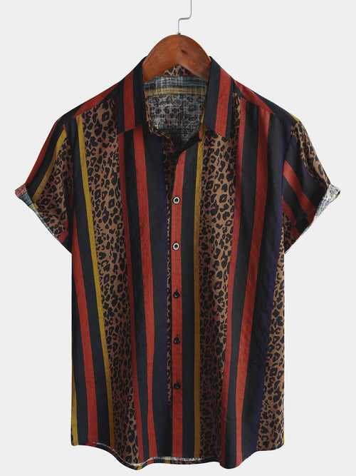 Men's Leopard Vintage Vertical Striped Cool Summer Vacation Short Sleeve Button Up Shirt