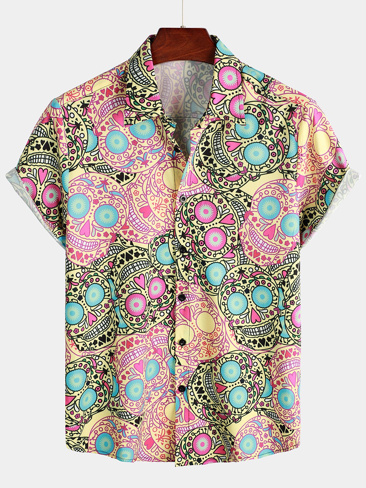 Men's Funny Skull Print Hawaiian Short Sleeve Shirt