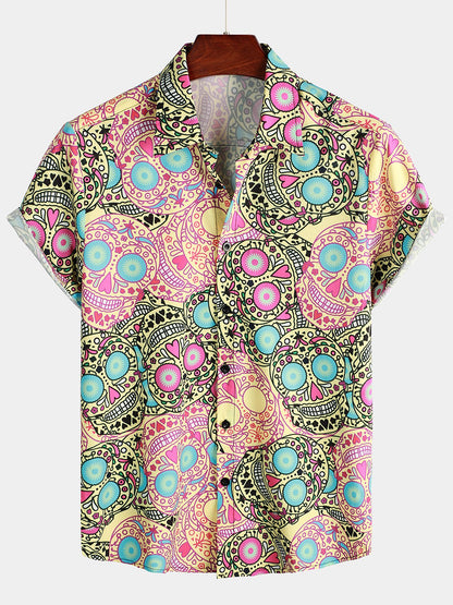 Men's Pink Funny Skull Print Short Sleeve Shirt
