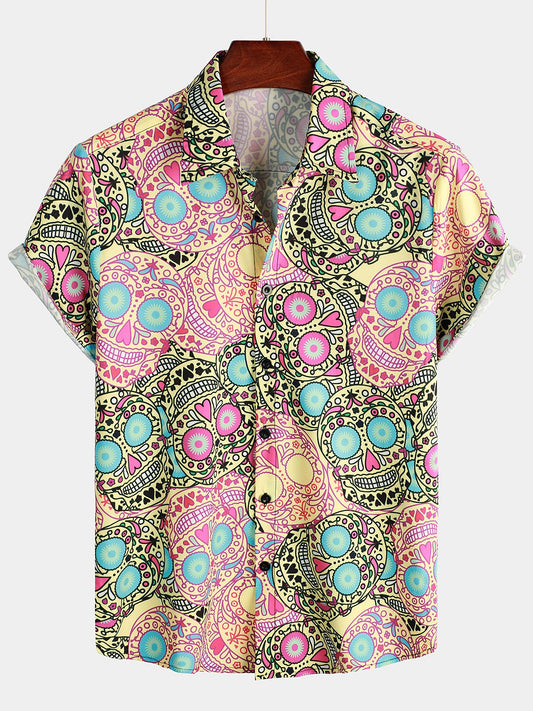 Men's Pink Funny Skull Print Short Sleeve Shirt