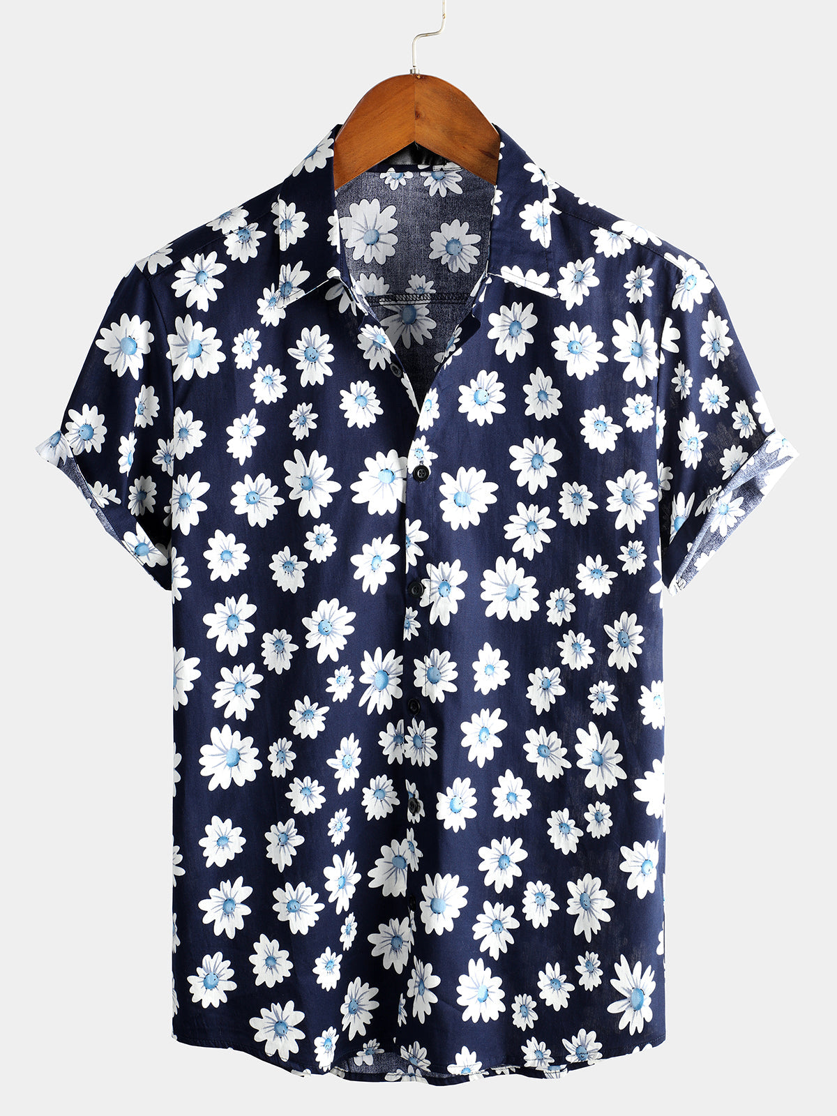 Men's Navy Blue Daisy Hawaiian Short Sleeve Shirt