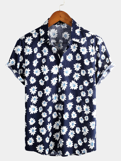 Men's Navy Blue Daisy Hawaiian Short Sleeve Shirt