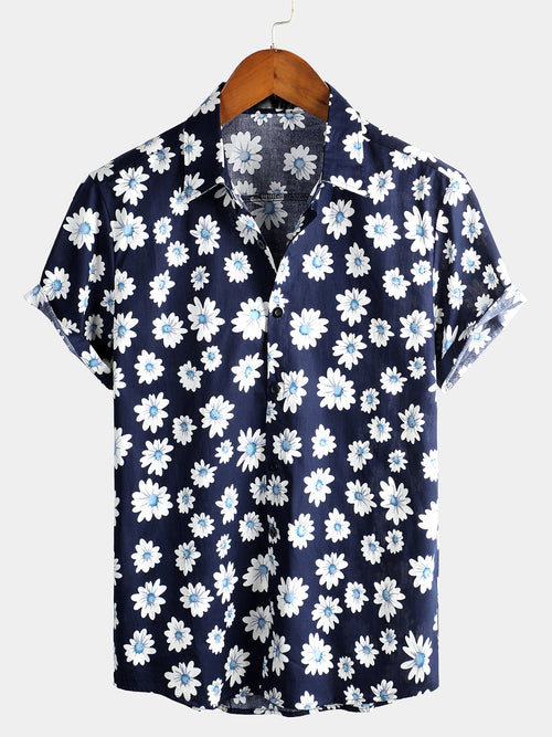 Men's Navy Blue Daisy Hawaiian Short Sleeve Shirt