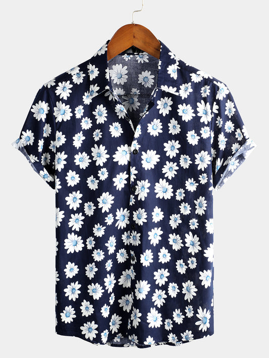 Men's Navy Blue Daisy Hawaiian Short Sleeve Shirt