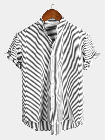 Men's Cotton Striped Stand Collar Short Sleeve Shirt