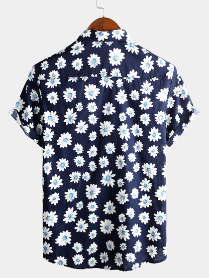 Men's Navy Blue Daisy Hawaiian Short Sleeve Shirt