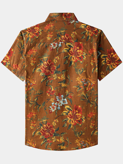 Men’s Vintage Flower Print Short Sleeve Button Down Breathable Cool Shirt