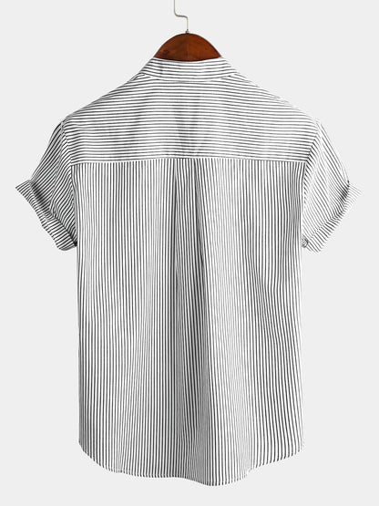 Men's Cotton Striped Stand Collar Short Sleeve Shirt