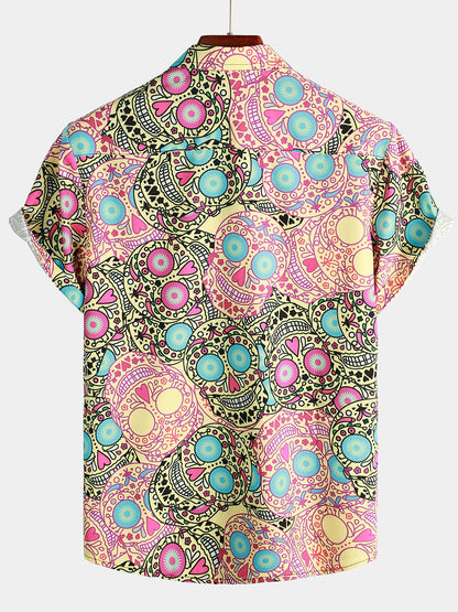 Men's Funny Skull Print Hawaiian Short Sleeve Shirt