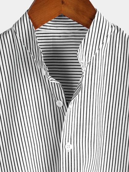 Men's Cotton Henley Breathable Stand Collar Solid Color Short Sleeve Classic Vertical Striped Shirt