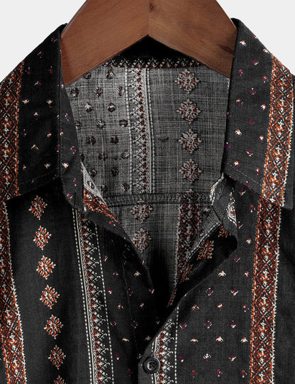 Men's Retro Black Striped Print Button Up 70s Vintage Short Sleeve Western Shirt