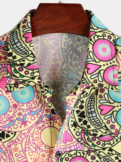 Men's Pink Funny Skull Print Short Sleeve Shirt