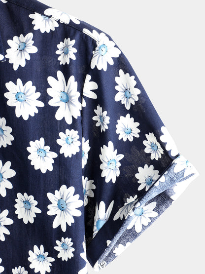 Men's Navy Blue Daisy Hawaiian Short Sleeve Shirt