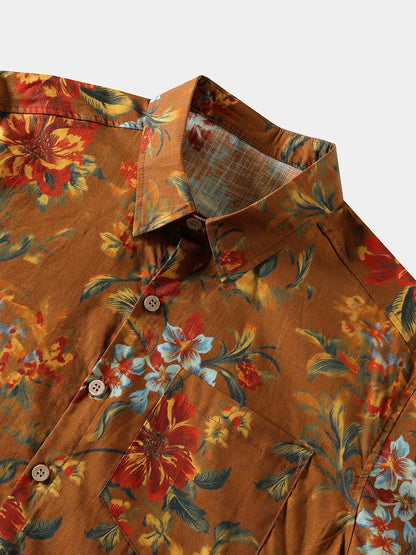 Men’s Vintage Flower Print Short Sleeve Button Down Breathable Cool Shirt