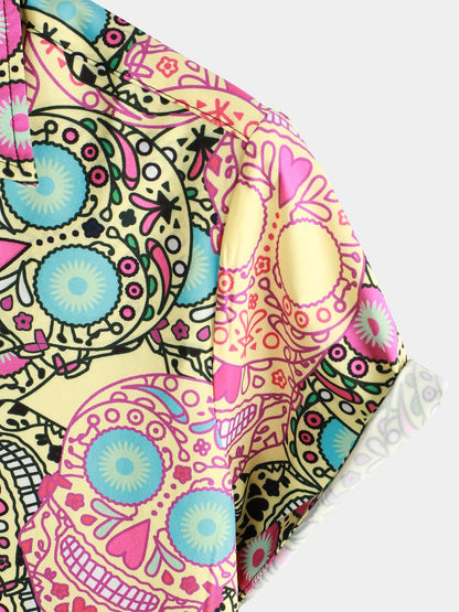Men's Pink Funny Skull Print Short Sleeve Shirt