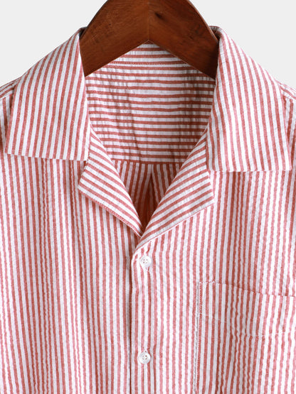Men's Breathable Striped Cotton Button Up Summer Cuban Collar Camp Short Sleeve Beach Shirt