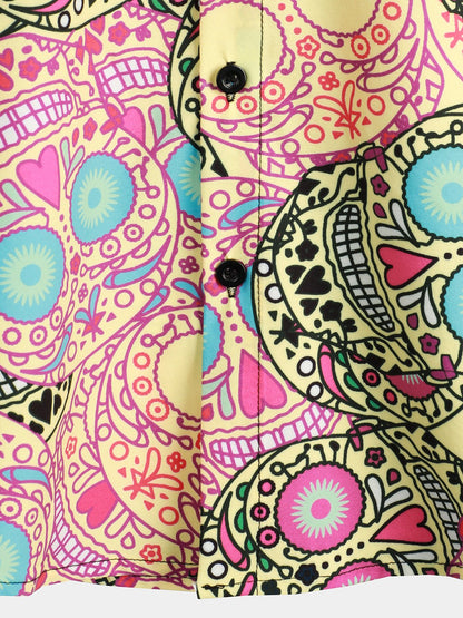 Men's Pink Funny Skull Print Short Sleeve Shirt