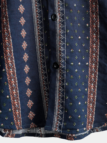 Men's Retro 70s Button Up Vintage Navy Blue Striped Beach Summer Short Sleeve Cotton Shirt