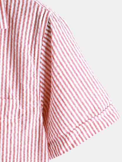 Men's Breathable Striped Cotton Button Up Summer Cuban Collar Camp Short Sleeve Beach Shirt