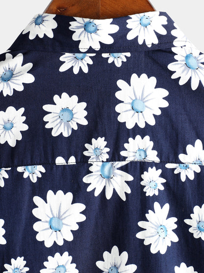 Men's Navy Blue Daisy Hawaiian Short Sleeve Shirt