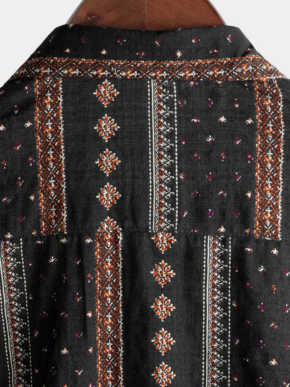 Men's Retro Black Striped Print Button Up 70s Vintage Short Sleeve Western Shirt